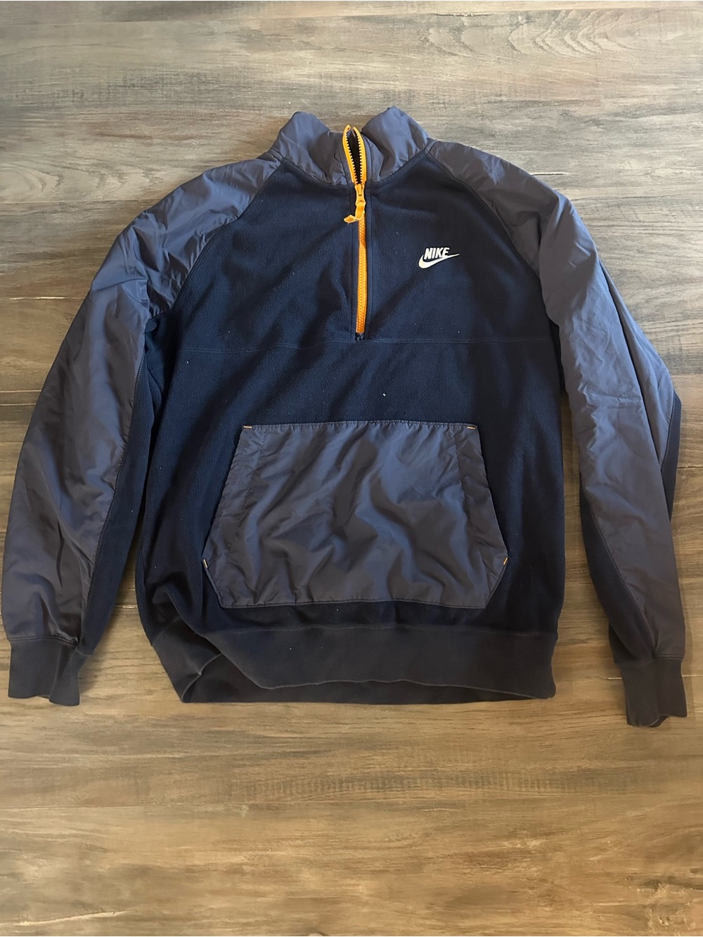 Nike Men's Navy quarter-Zip Pullover fleece Jacket with Orange Zip- Size large